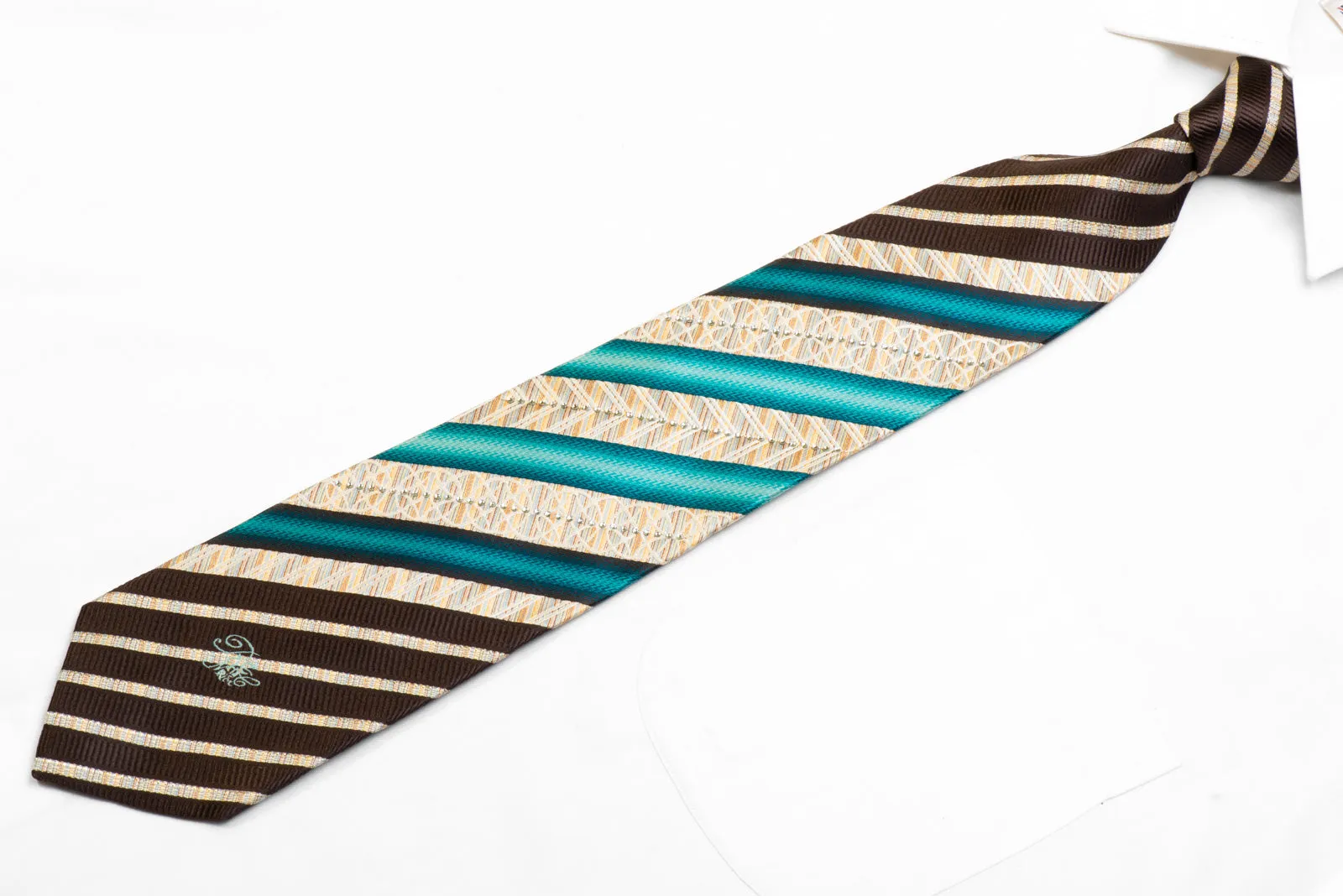 Nina Ricci Rhinestone Silk Necktie Teal Brown Striped With Sparkles