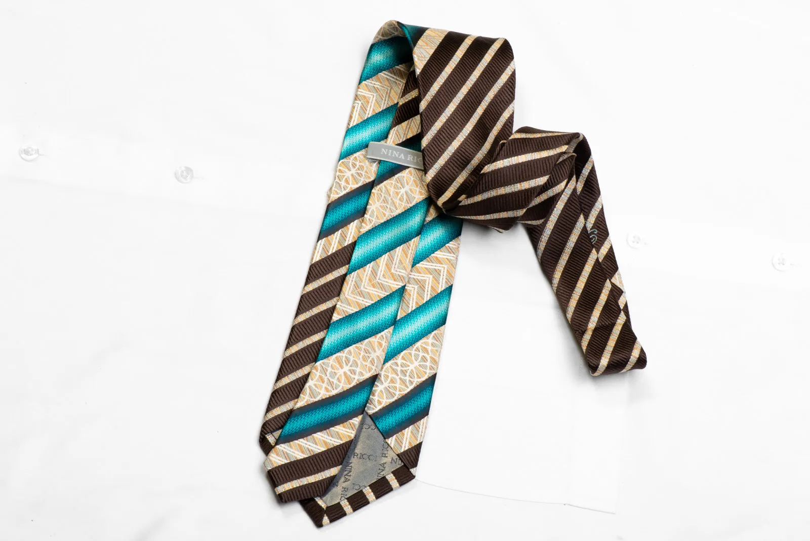 Nina Ricci Rhinestone Silk Necktie Teal Brown Striped With Sparkles