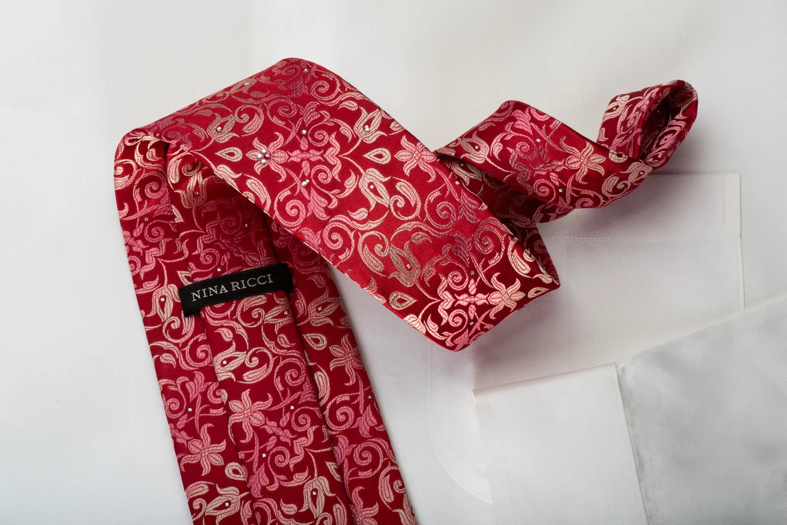 Nina Ricci Silk Necktie Anthemion On Red Design With Rhinestones