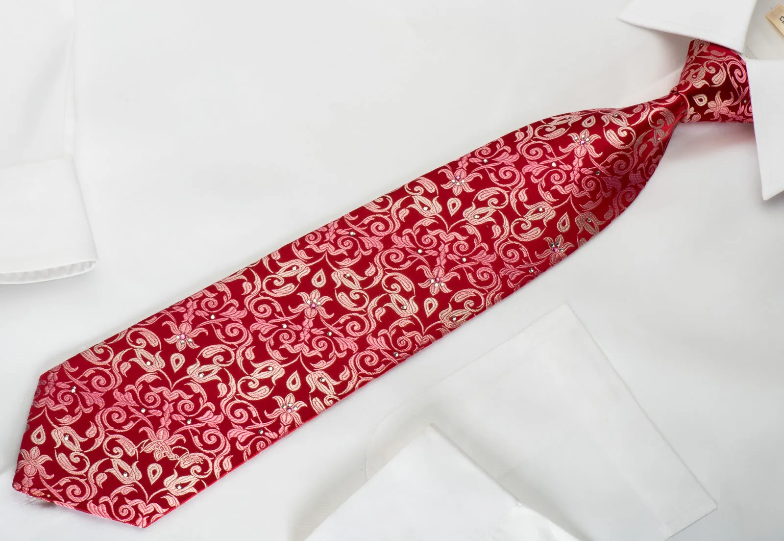 Nina Ricci Silk Necktie Anthemion On Red Design With Rhinestones