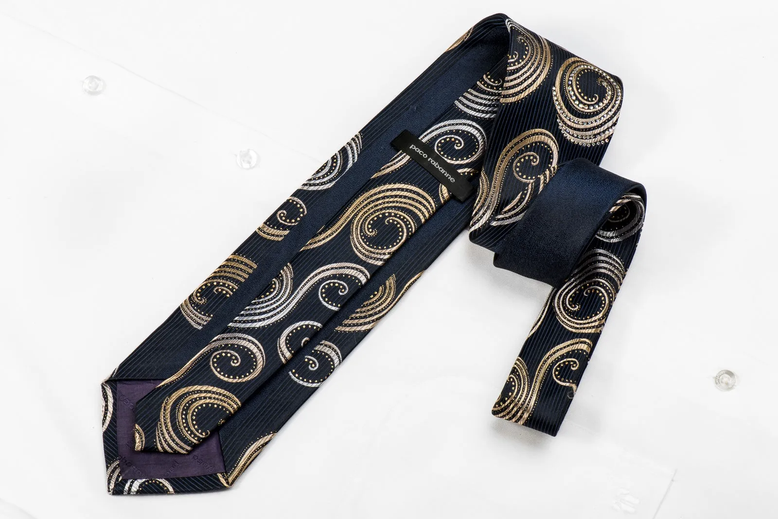 Paco Rabanne Men's Crystal Silk Necktie Gold Silver Scrolls On Black With Gold Sparkles