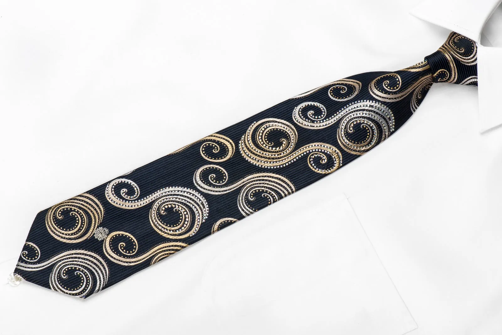 Paco Rabanne Men's Crystal Silk Necktie Gold Silver Scrolls On Black With Gold Sparkles