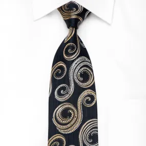 Paco Rabanne Men's Crystal Silk Necktie Gold Silver Scrolls On Black With Gold Sparkles