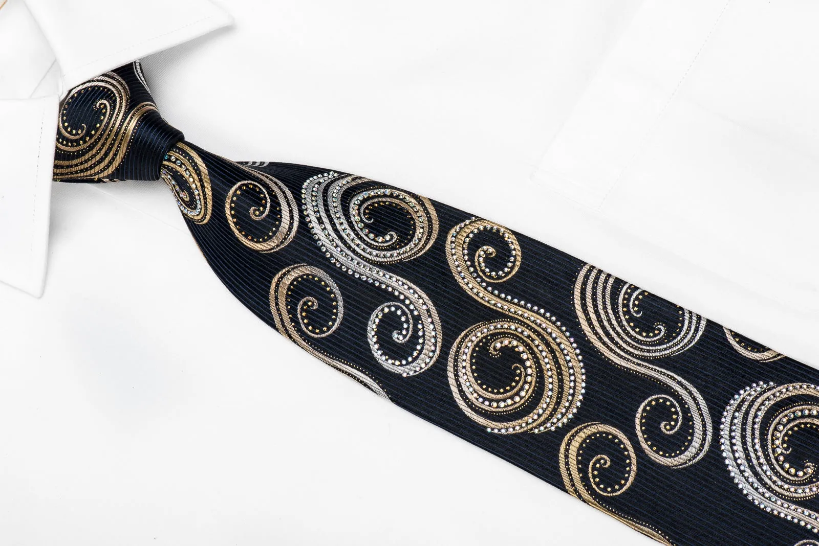 Paco Rabanne Men's Crystal Silk Necktie Gold Silver Scrolls On Black With Gold Sparkles