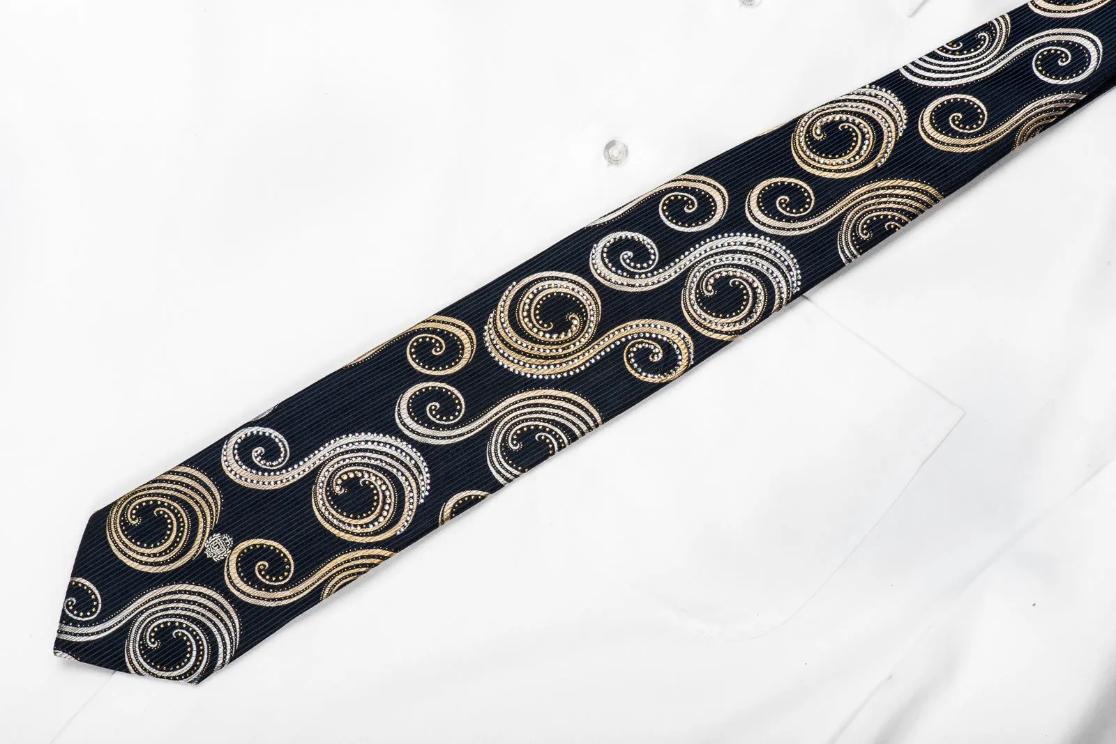 Paco Rabanne Men's Crystal Silk Necktie Gold Silver Scrolls On Black With Gold Sparkles