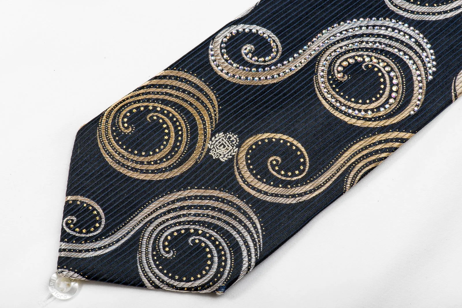 Paco Rabanne Men's Crystal Silk Necktie Gold Silver Scrolls On Black With Gold Sparkles