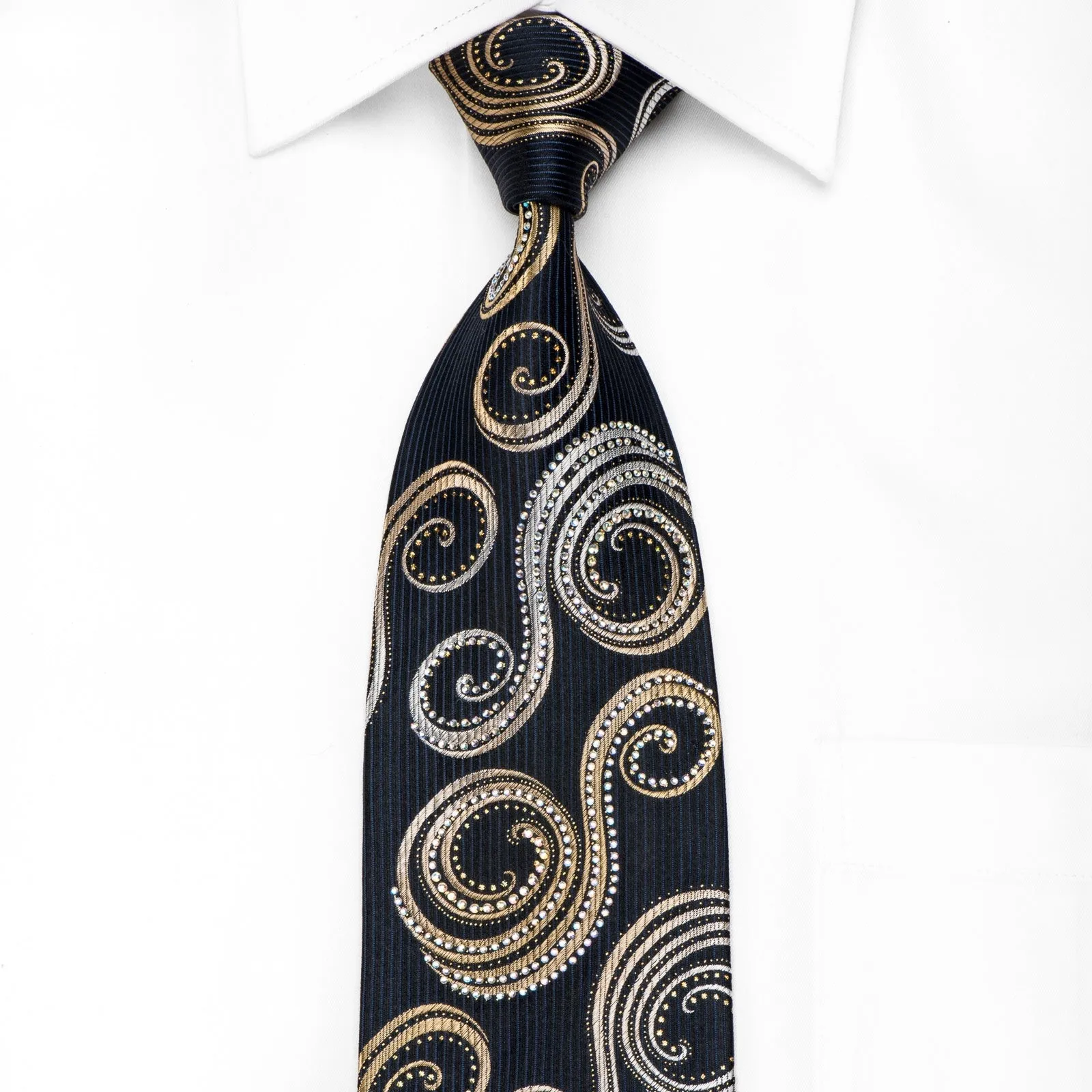 Paco Rabanne Men's Crystal Silk Necktie Gold Silver Scrolls On Black With Gold Sparkles