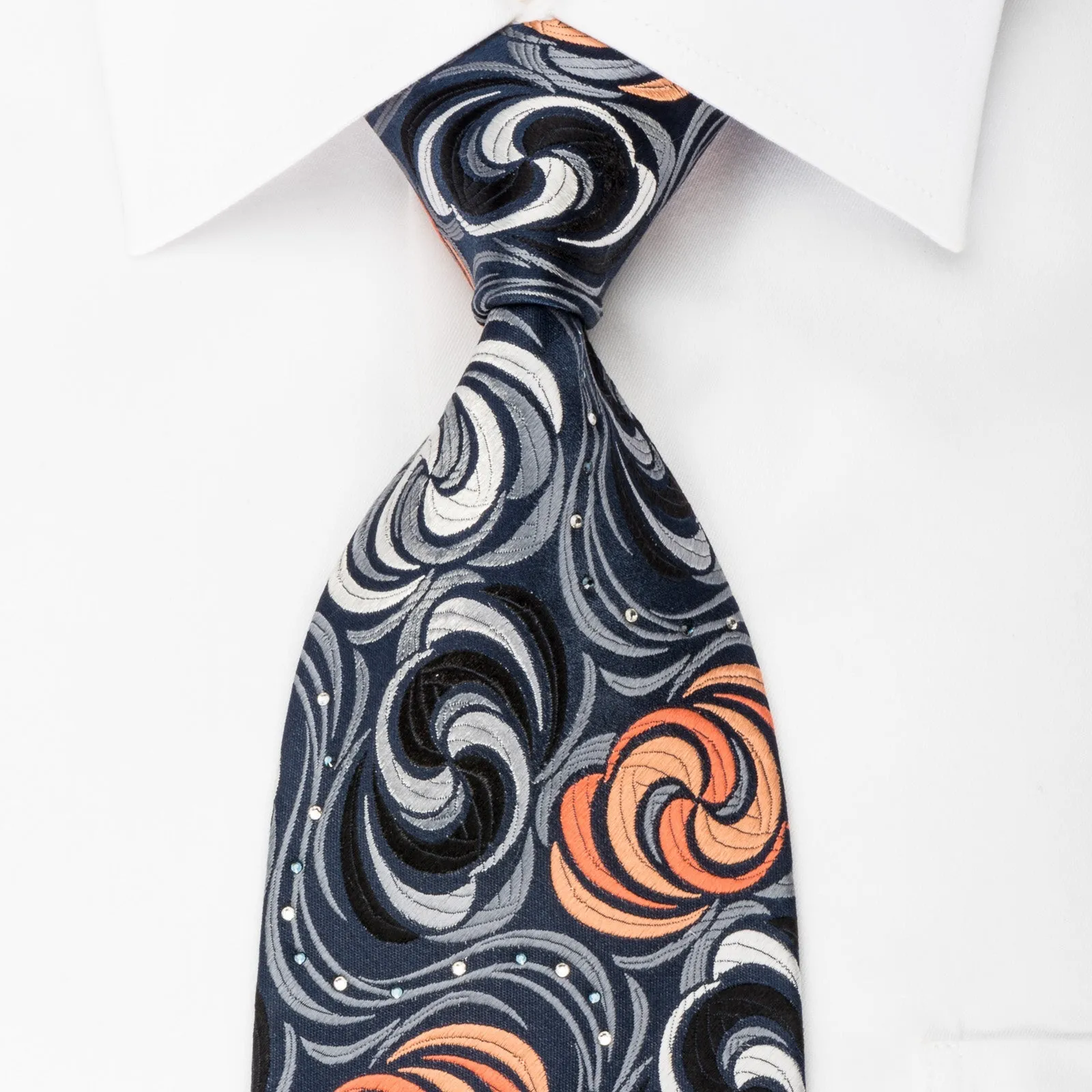 Paco Rabanne Silk Necktie Silver Orange Twirls On Black With Rhinestones