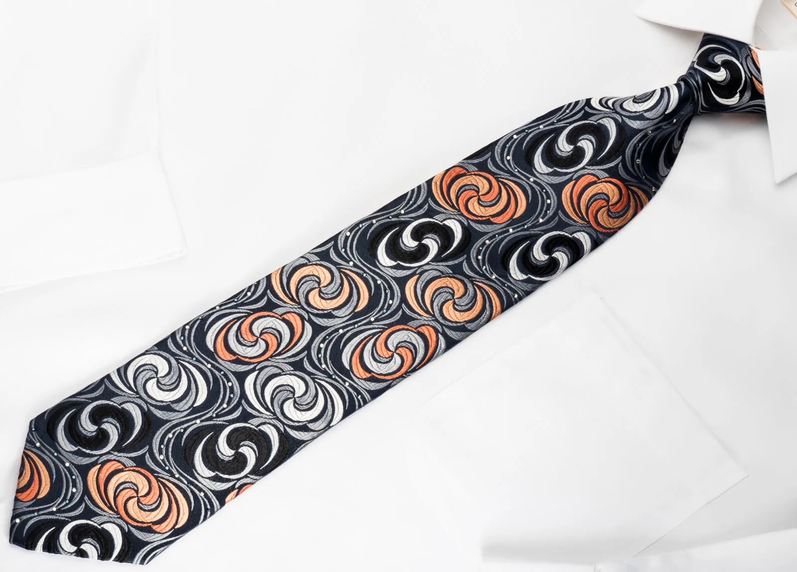 Paco Rabanne Silk Necktie Silver Orange Twirls On Black With Rhinestones