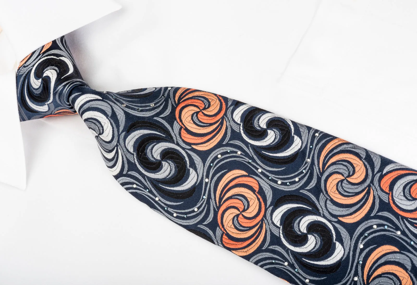 Paco Rabanne Silk Necktie Silver Orange Twirls On Black With Rhinestones