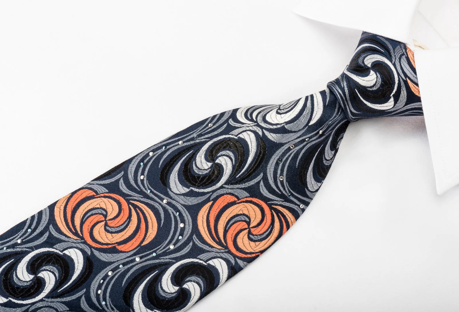 Paco Rabanne Silk Necktie Silver Orange Twirls On Black With Rhinestones