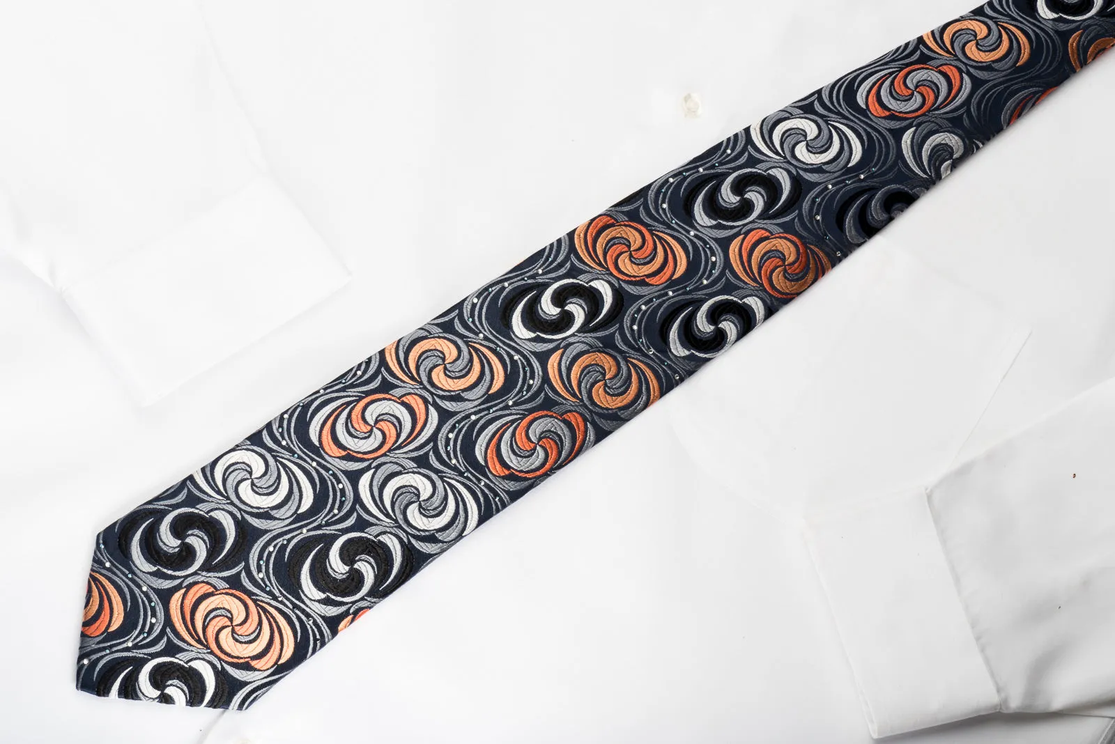 Paco Rabanne Silk Necktie Silver Orange Twirls On Black With Rhinestones