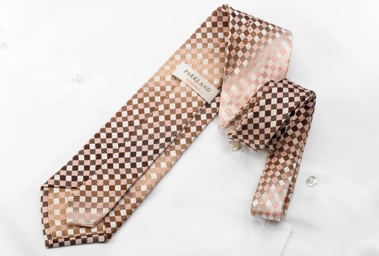 Park Land Men's Crystal Tie Brown Pink Cream Checkered With Silver Sparkles