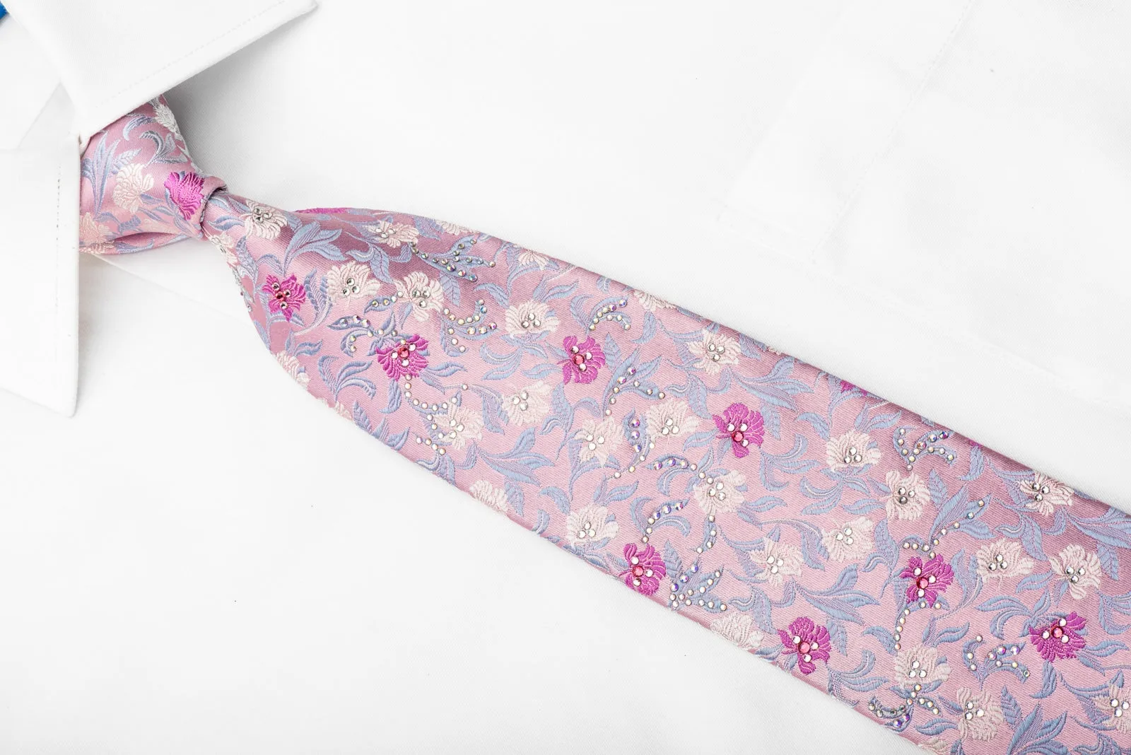 Perry Ellis Men's Silk Tie Floral On Pink Sparkling With Crystal Rhinestones