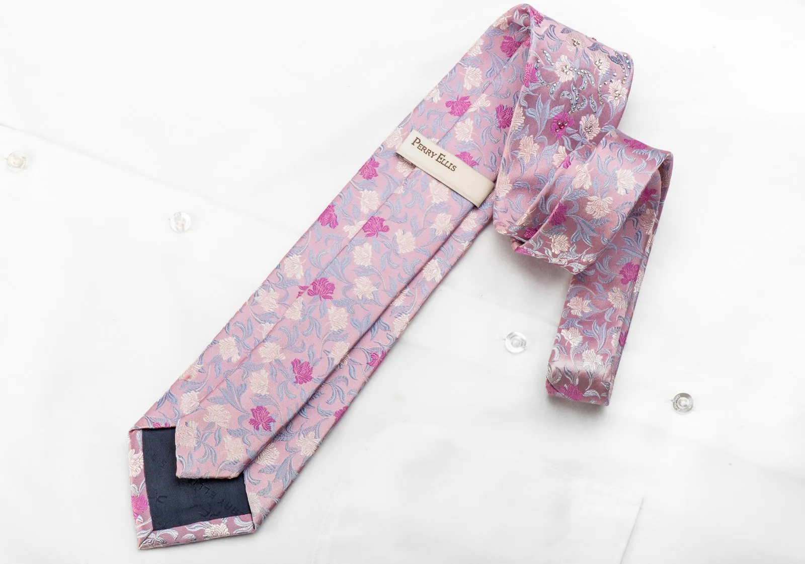 Perry Ellis Men's Silk Tie Floral On Pink Sparkling With Crystal Rhinestones