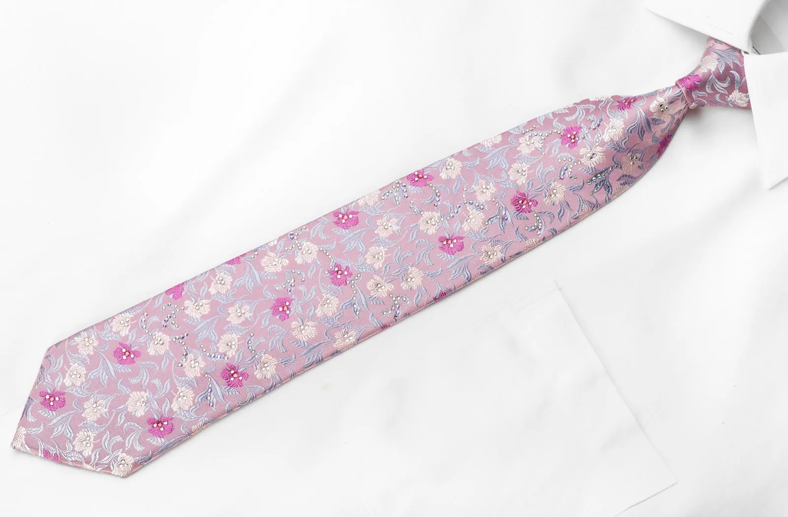 Perry Ellis Men's Silk Tie Floral On Pink Sparkling With Crystal Rhinestones