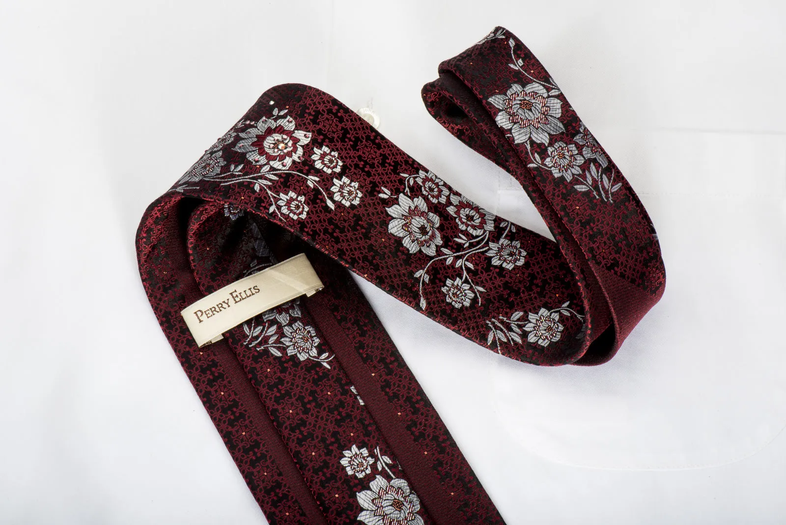 Perry Ellis Rhinestone Silk Necktie Silver Burgundy Floral On Black With Silver Sparkles