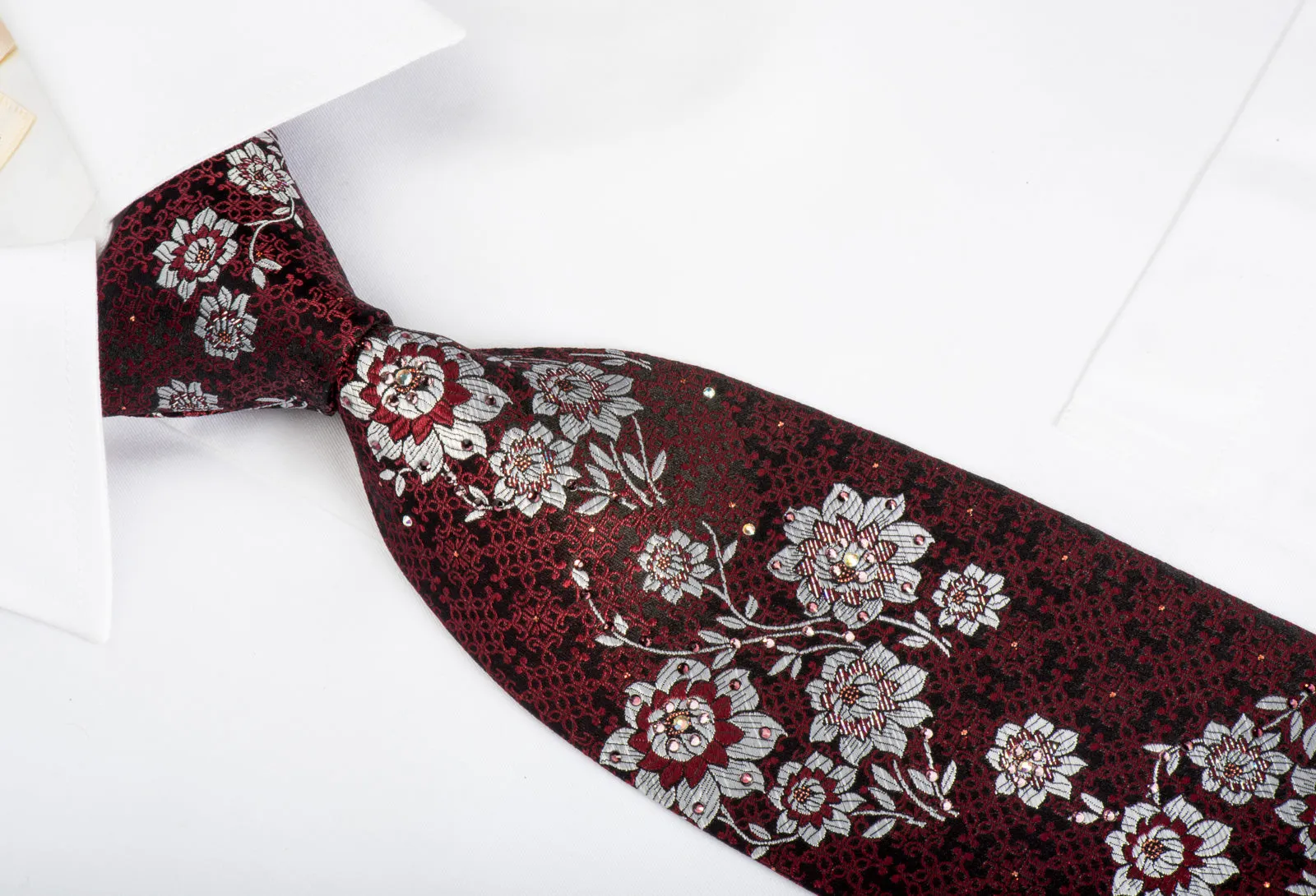 Perry Ellis Rhinestone Silk Necktie Silver Burgundy Floral On Black With Silver Sparkles