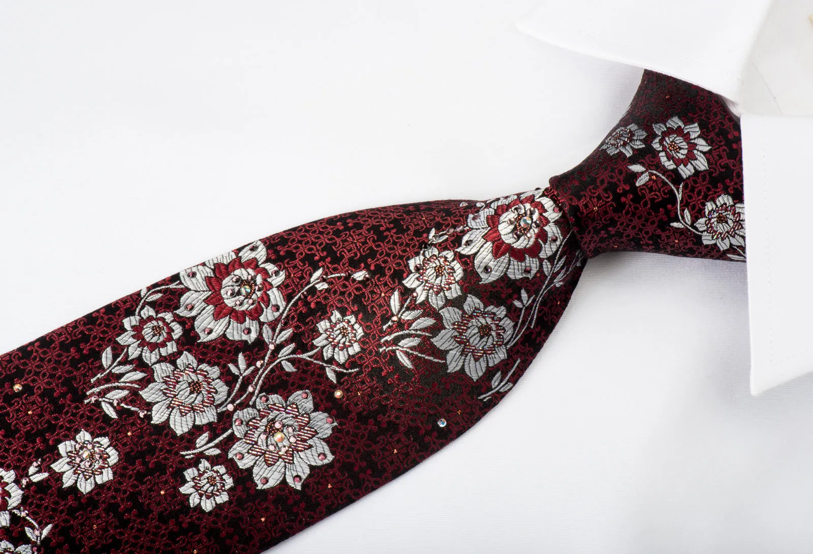 Perry Ellis Rhinestone Silk Necktie Silver Burgundy Floral On Black With Silver Sparkles