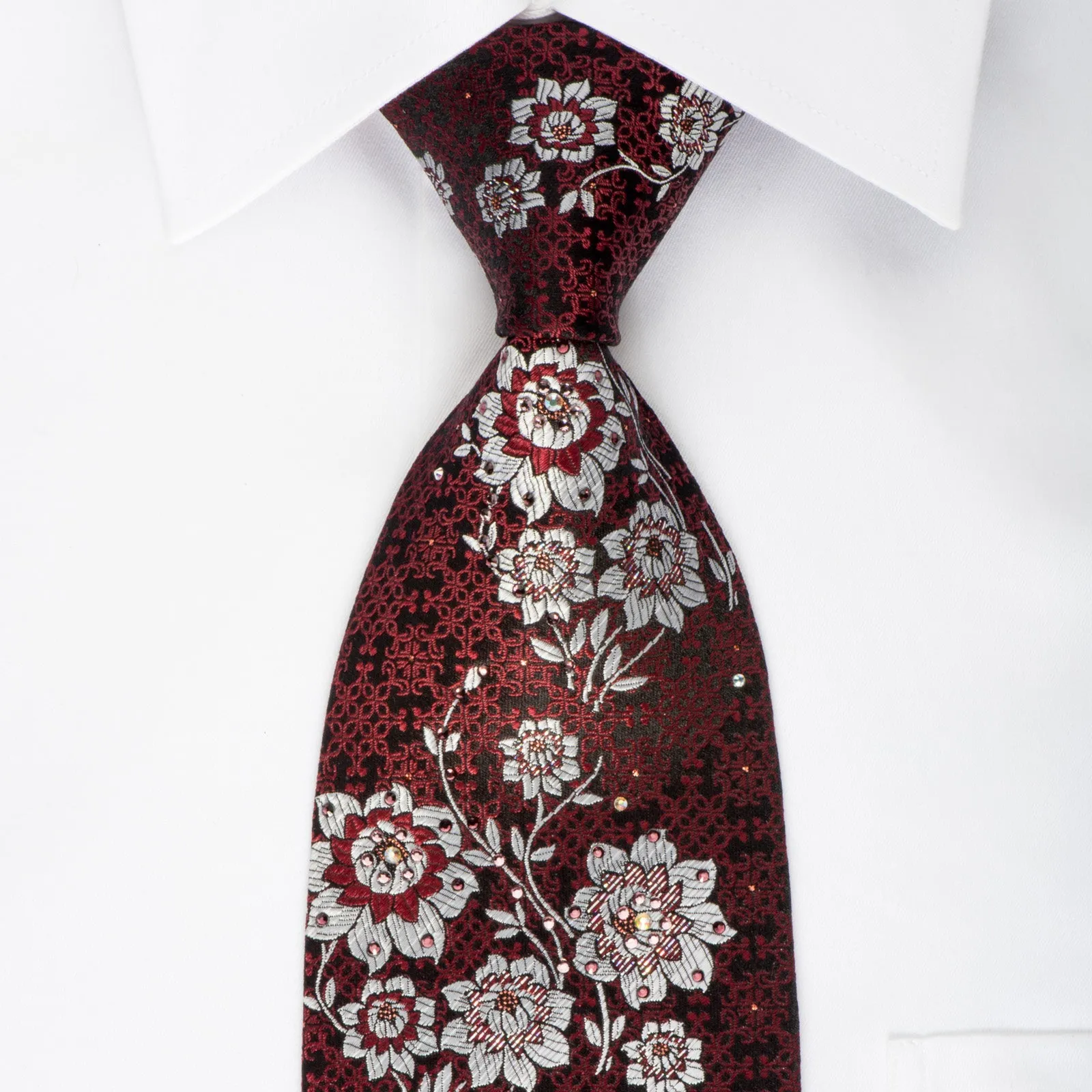 Perry Ellis Rhinestone Silk Necktie Silver Burgundy Floral On Black With Silver Sparkles