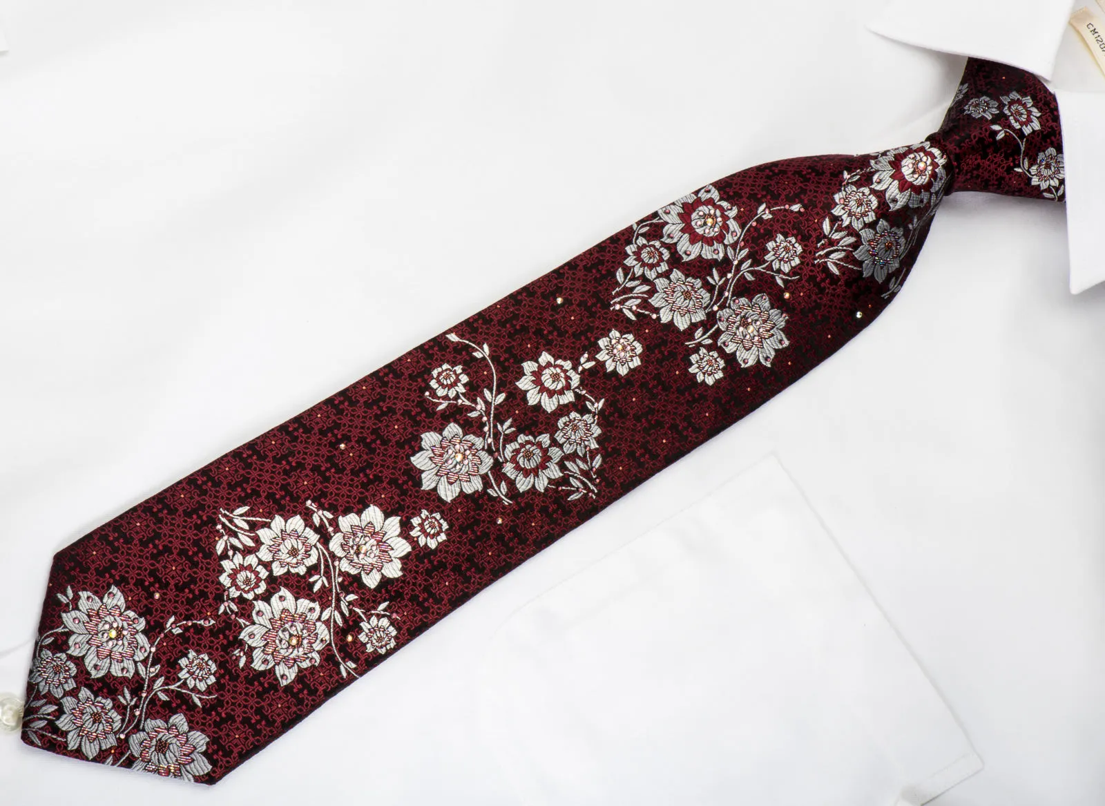 Perry Ellis Rhinestone Silk Necktie Silver Burgundy Floral On Black With Silver Sparkles