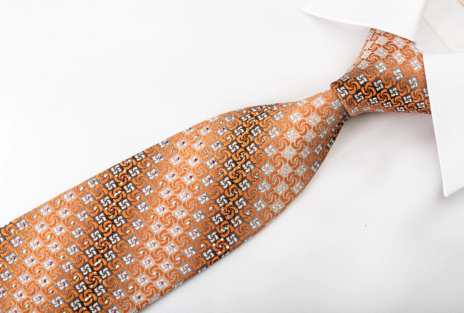 Perry Ellis Silk Rhinestone Necktie Orange Spirals On Silver With Sparkles