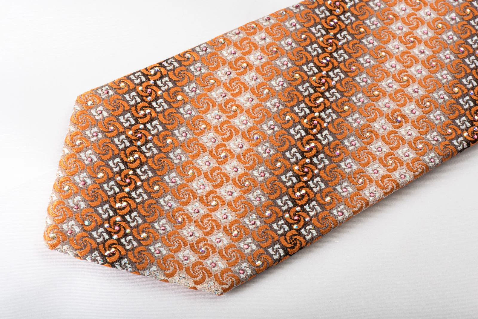 Perry Ellis Silk Rhinestone Necktie Orange Spirals On Silver With Sparkles