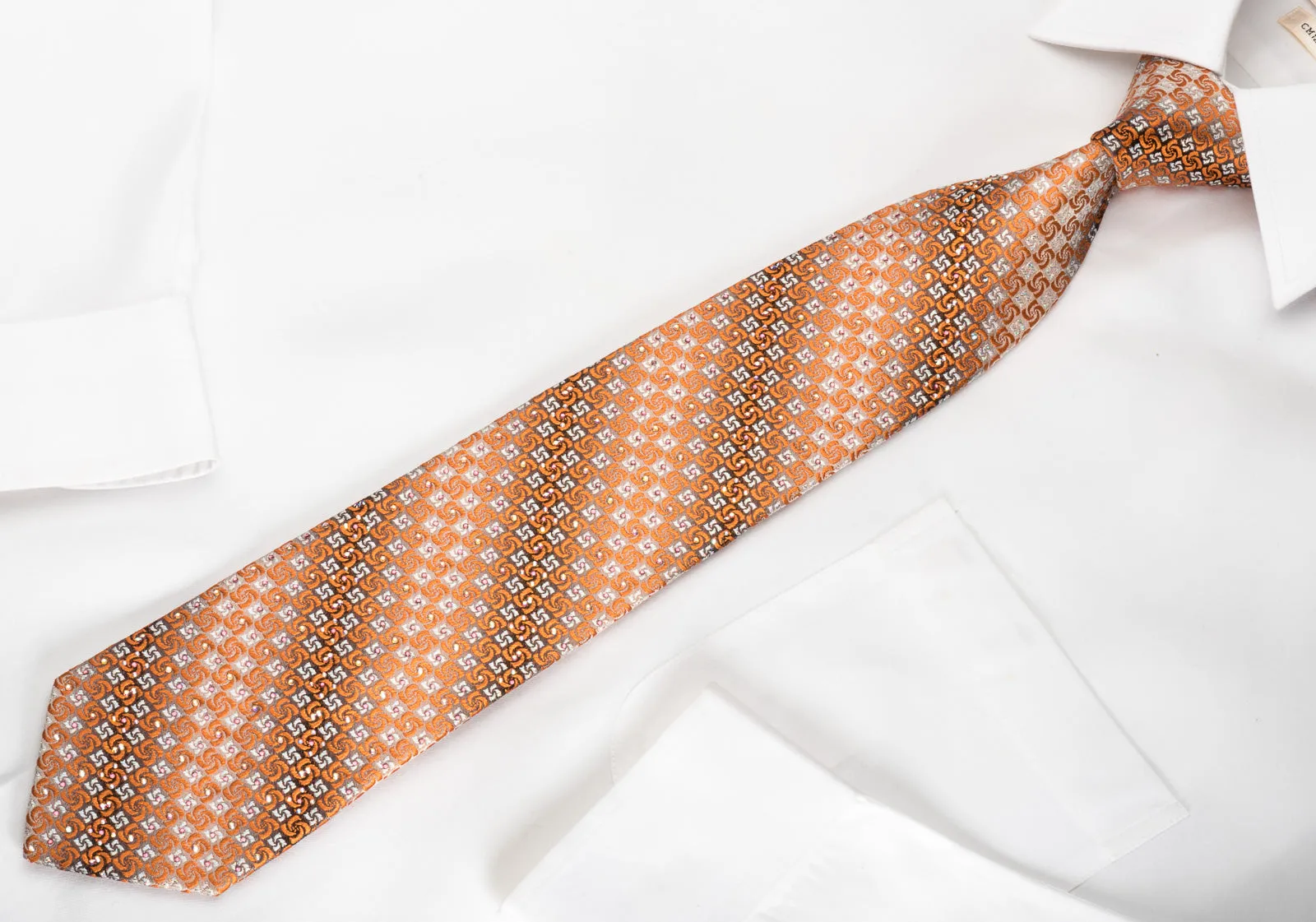 Perry Ellis Silk Rhinestone Necktie Orange Spirals On Silver With Sparkles