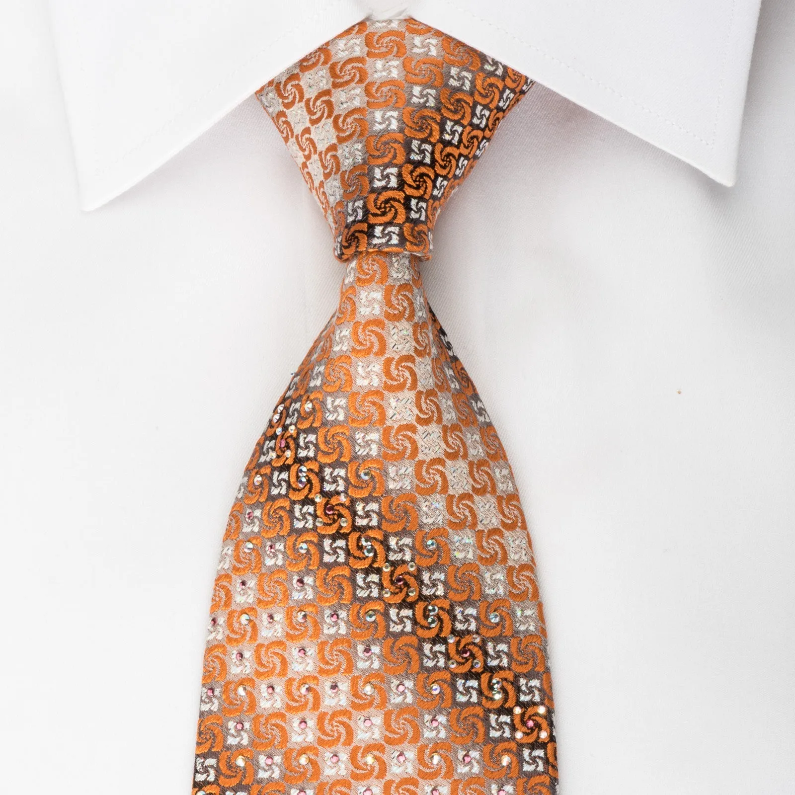 Perry Ellis Silk Rhinestone Necktie Orange Spirals On Silver With Sparkles