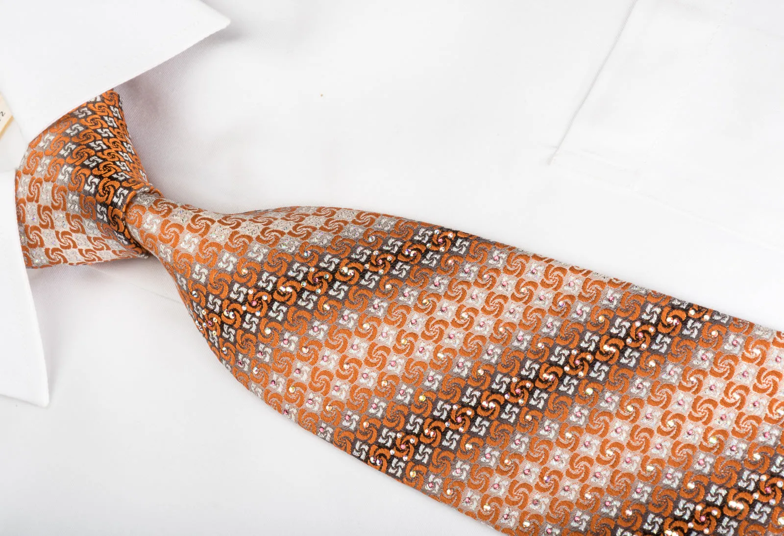 Perry Ellis Silk Rhinestone Necktie Orange Spirals On Silver With Sparkles