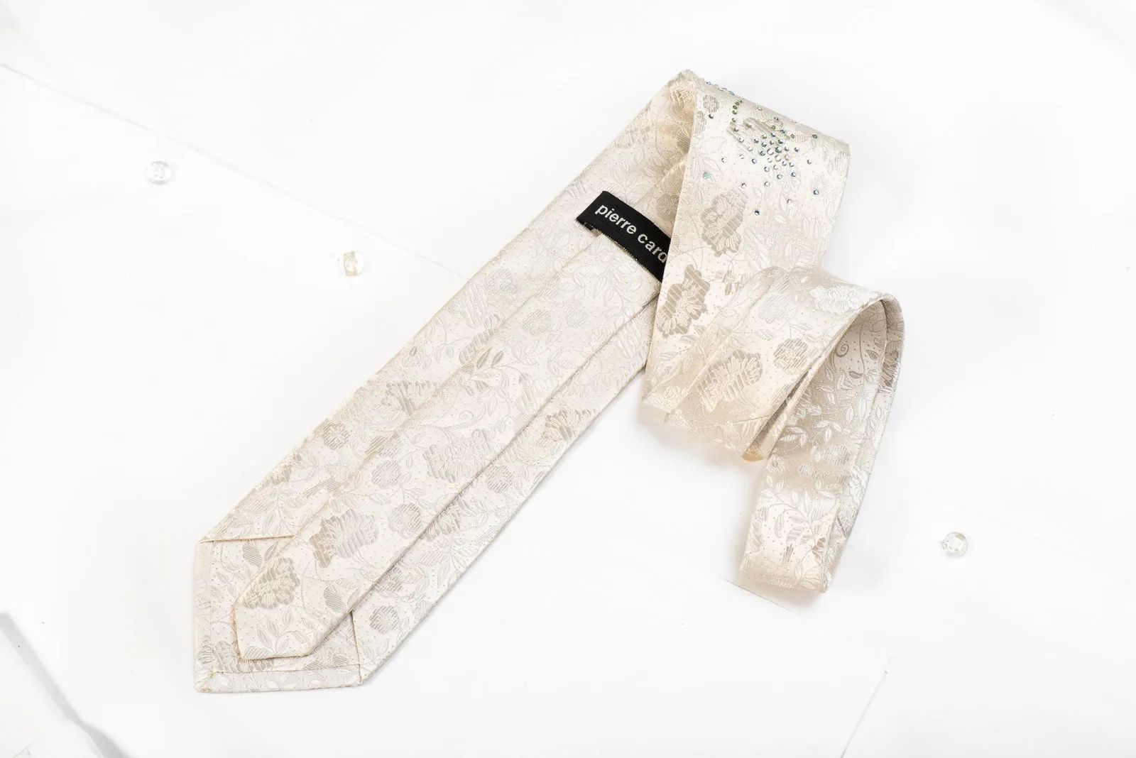 Pierre Cardin Men's Crystal Silk Tie Floral On White With Gold Sparkles