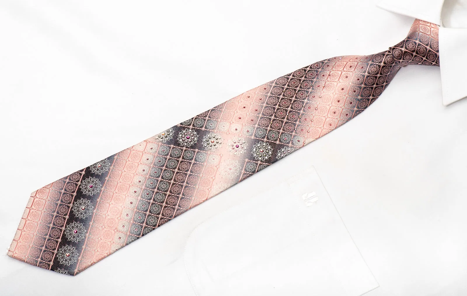 Pierre Cardin Men's Silk Necktie Pink Cartouche On Silver Sparkling With Rhinestones