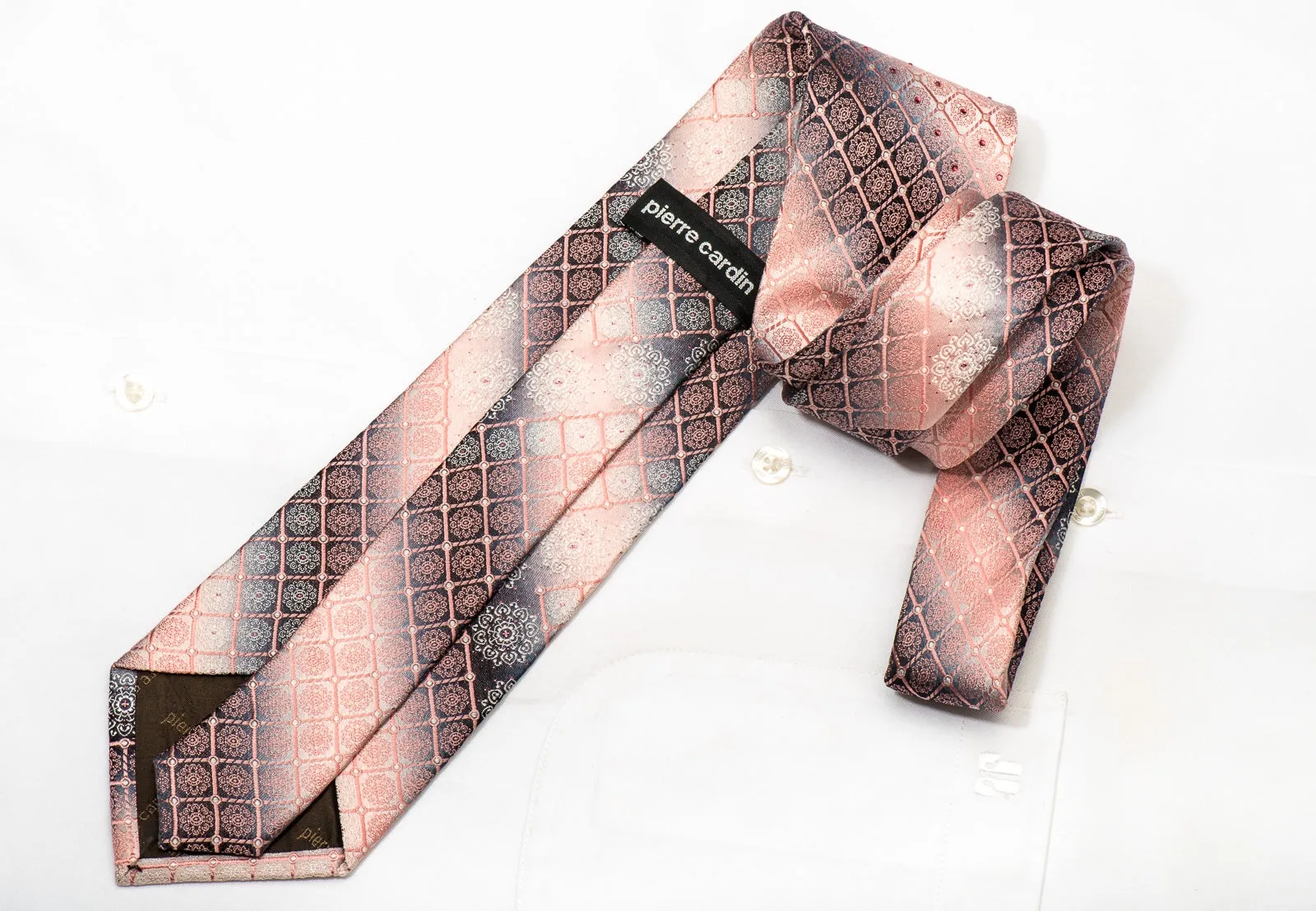 Pierre Cardin Men's Silk Necktie Pink Cartouche On Silver Sparkling With Rhinestones