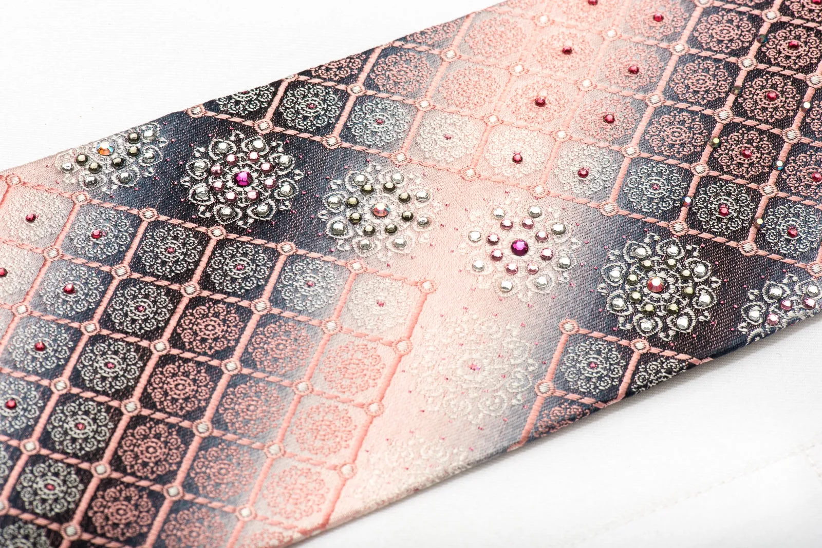 Pierre Cardin Men's Silk Necktie Pink Cartouche On Silver Sparkling With Rhinestones