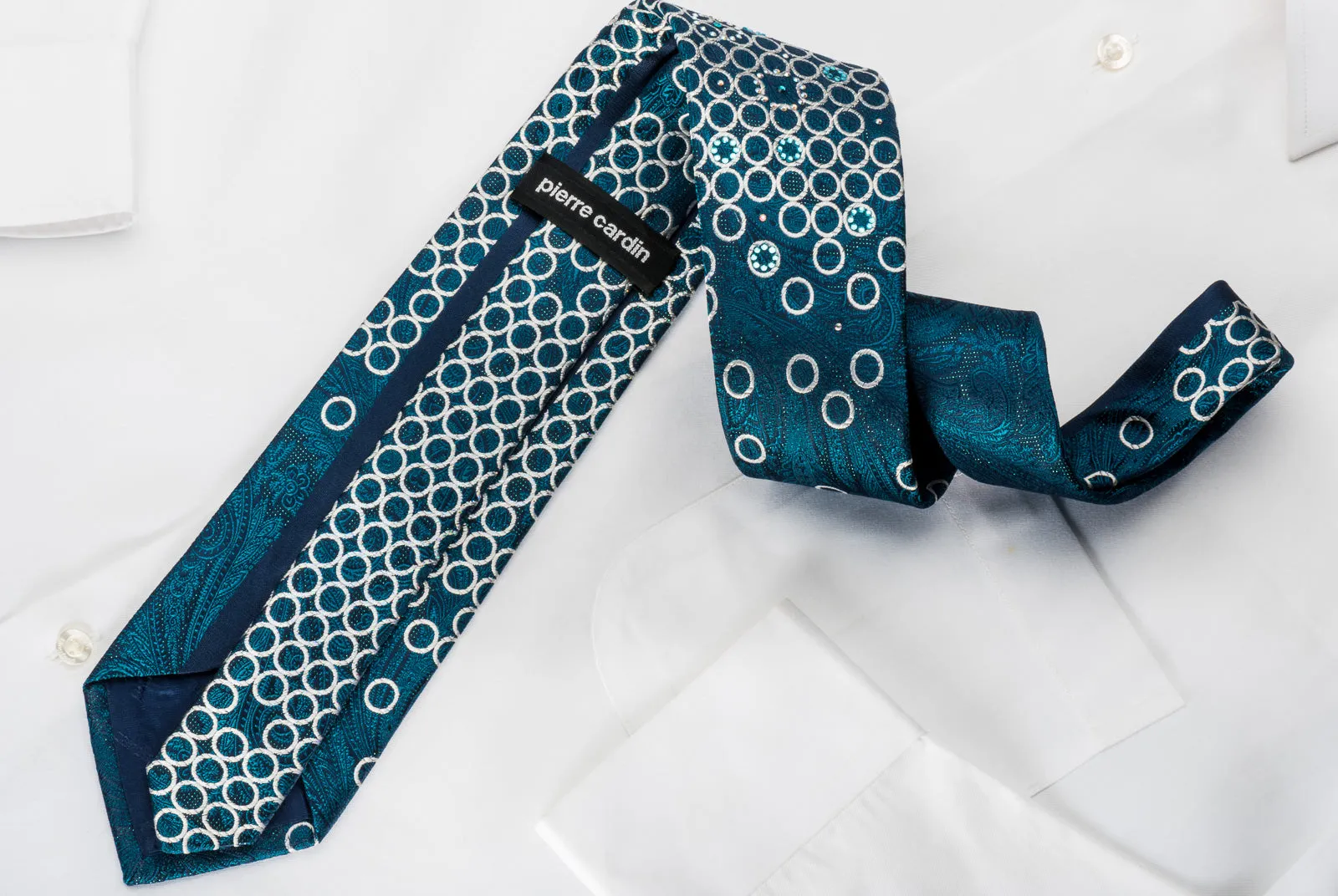 Pierre Cardin Rhinestone Necktie Silver Circles & Turquoise Paisley On Navy With Sparkles