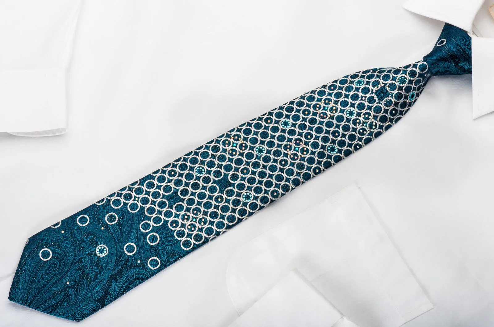 Pierre Cardin Rhinestone Necktie Silver Circles & Turquoise Paisley On Navy With Sparkles