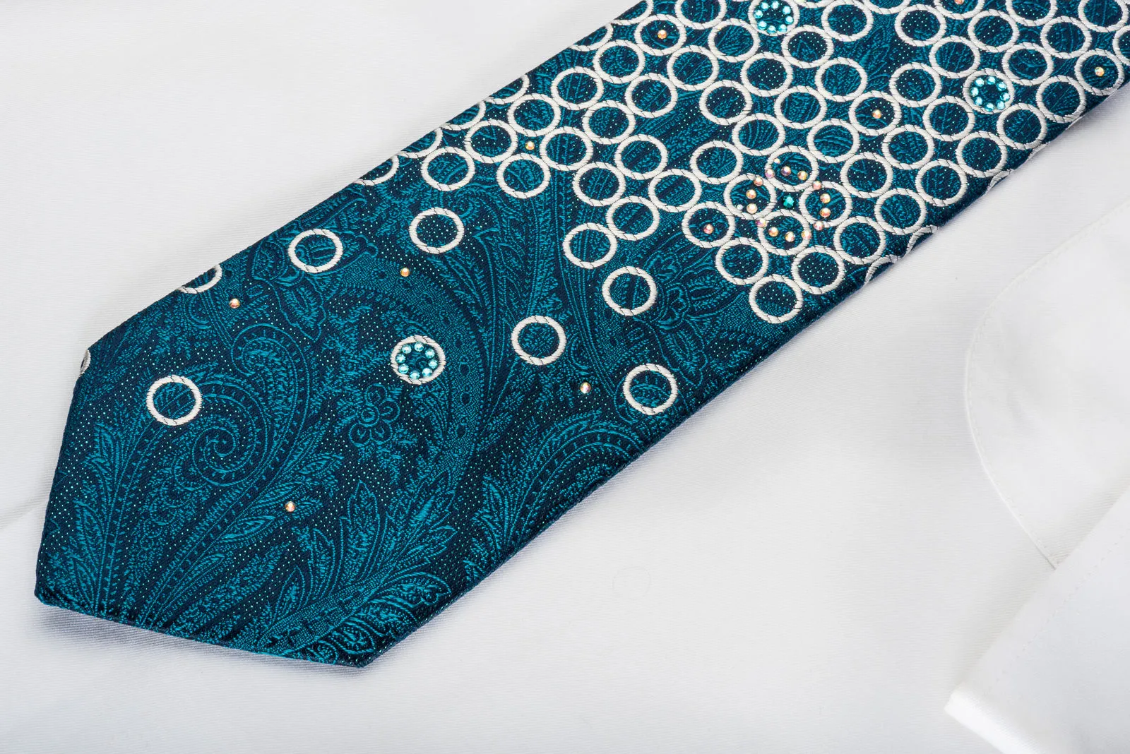 Pierre Cardin Rhinestone Necktie Silver Circles & Turquoise Paisley On Navy With Sparkles