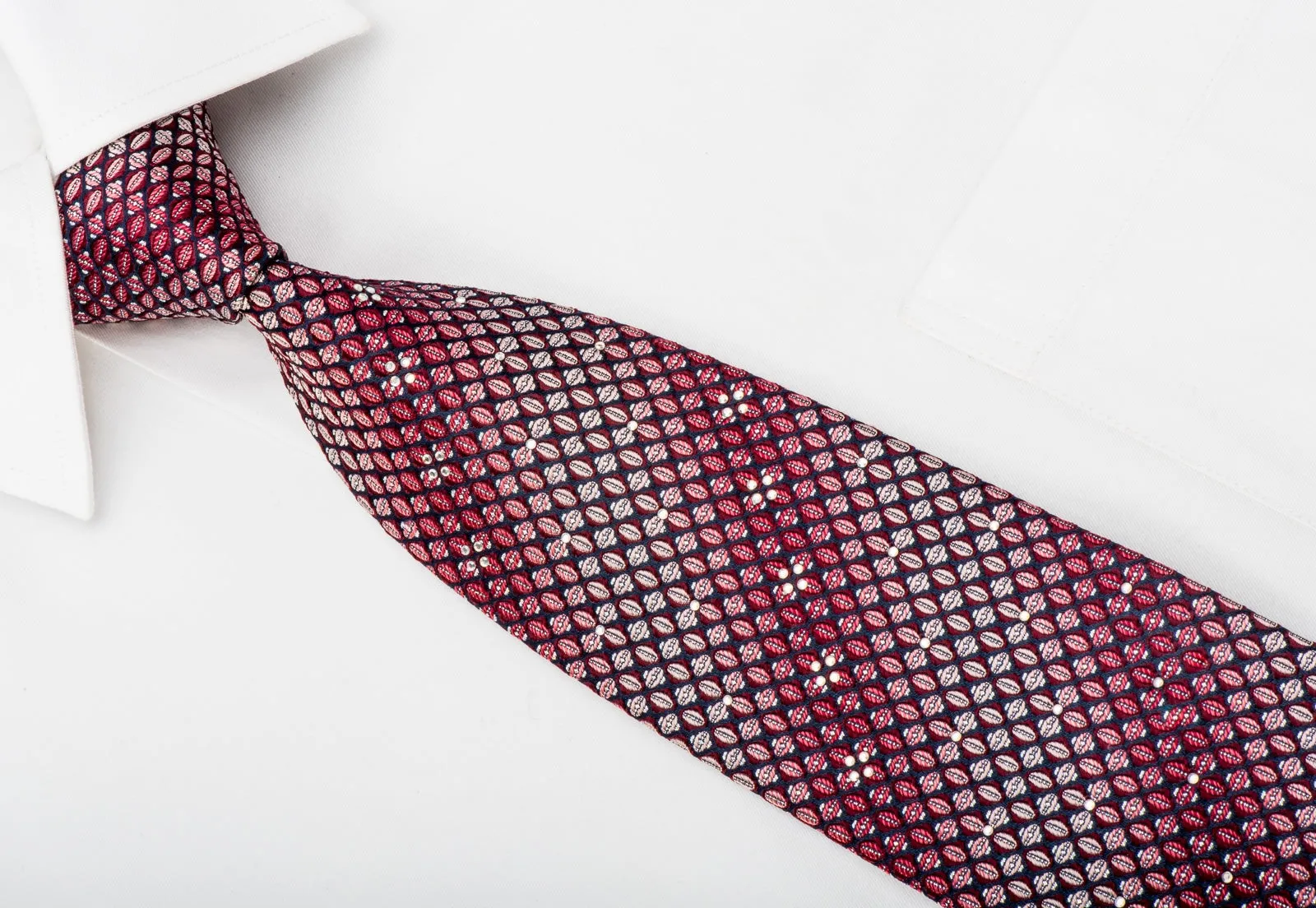 Pierre Cardin Rhinestone Silk Necktie Pink Burgundy Dots On Navy With Silver Sparkles