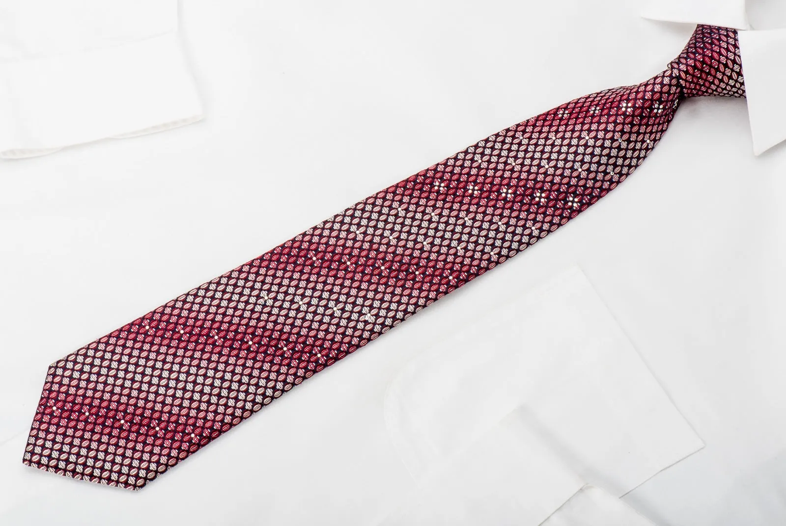 Pierre Cardin Rhinestone Silk Necktie Pink Burgundy Dots On Navy With Silver Sparkles