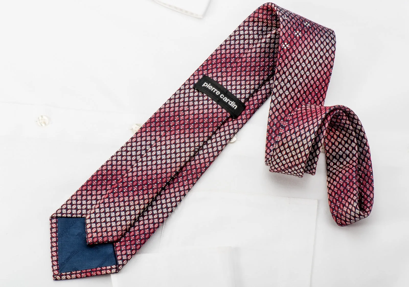 Pierre Cardin Rhinestone Silk Necktie Pink Burgundy Dots On Navy With Silver Sparkles