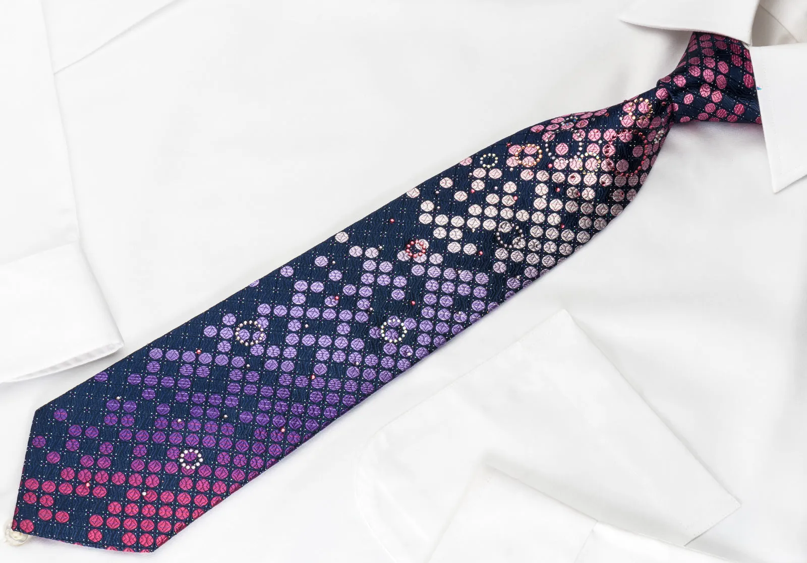 Pierre Cardin Rhinestone Silk Necktie Pink Purple Dots On Blue With Silver Sparkles