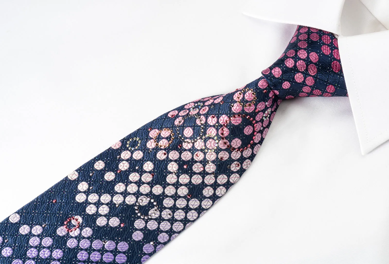 Pierre Cardin Rhinestone Silk Necktie Pink Purple Dots On Blue With Silver Sparkles