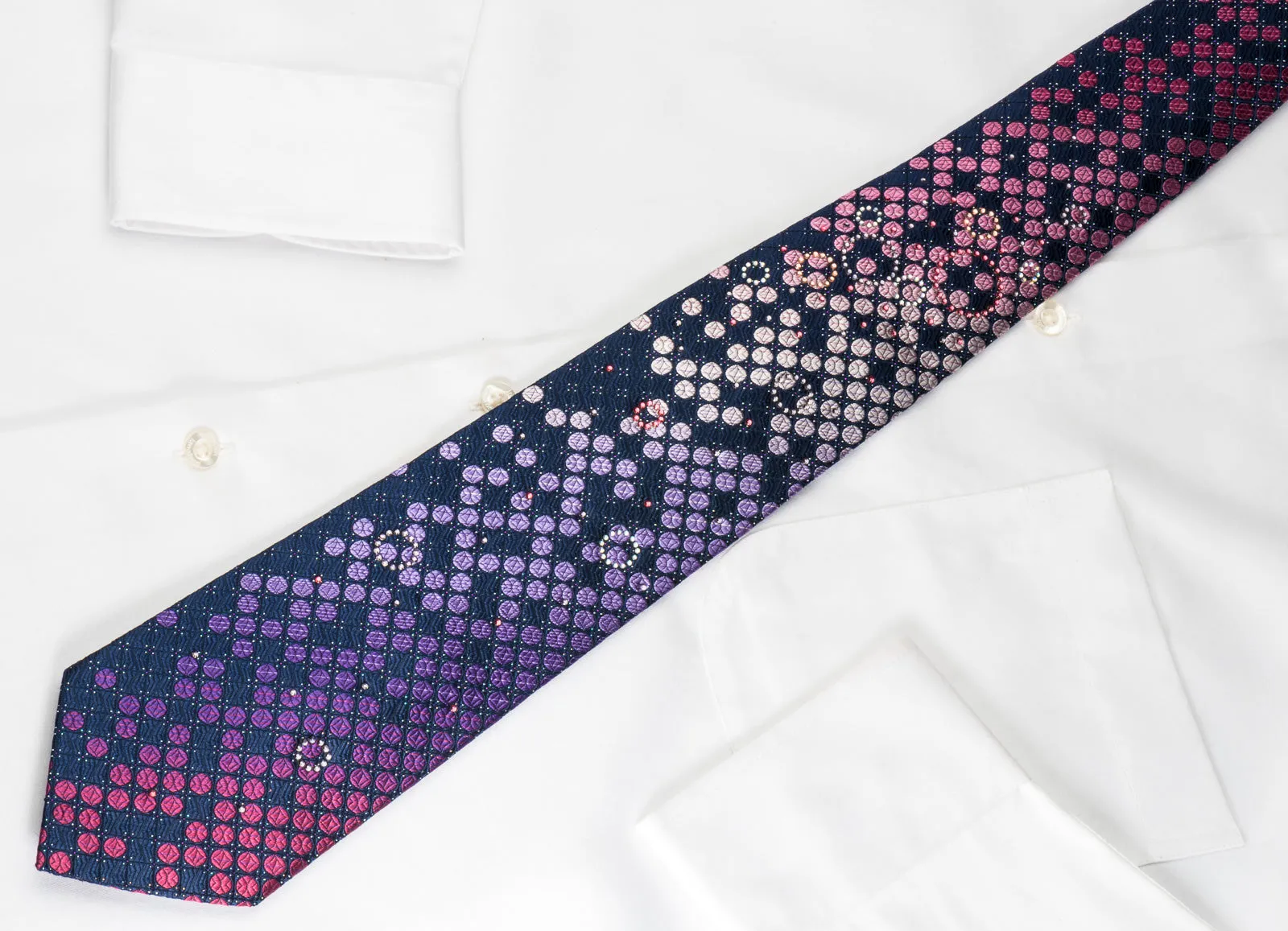 Pierre Cardin Rhinestone Silk Necktie Pink Purple Dots On Blue With Silver Sparkles