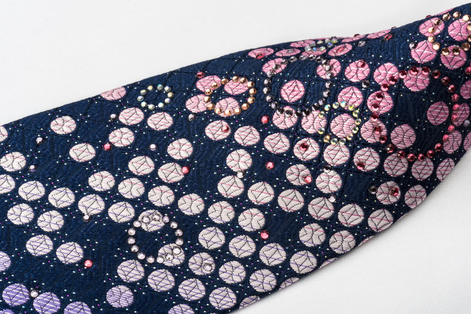 Pierre Cardin Rhinestone Silk Necktie Pink Purple Dots On Blue With Silver Sparkles