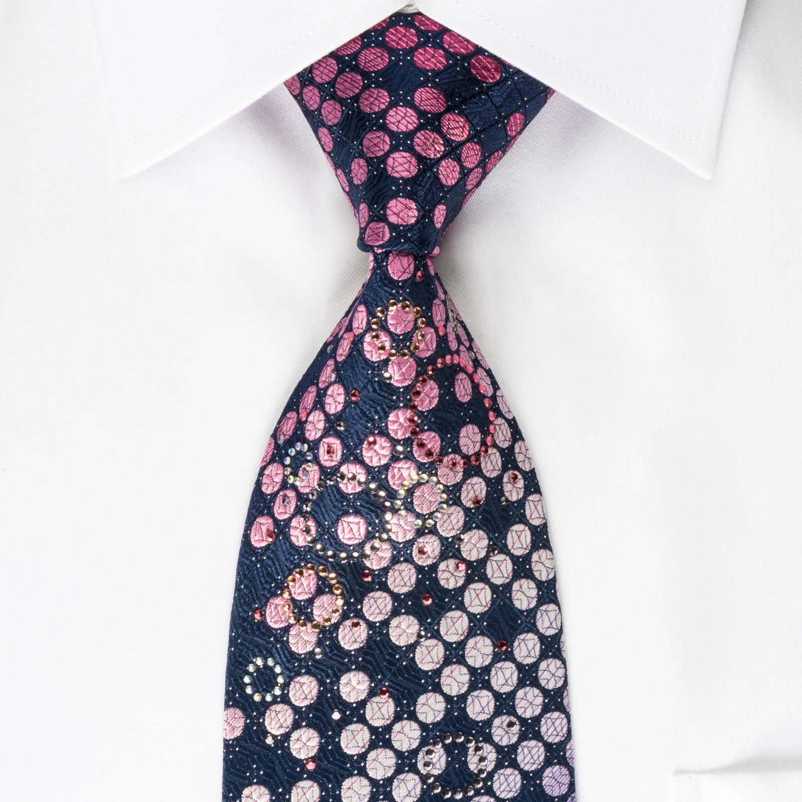 Pierre Cardin Rhinestone Silk Necktie Pink Purple Dots On Blue With Silver Sparkles