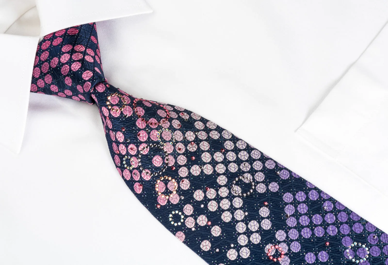 Pierre Cardin Rhinestone Silk Necktie Pink Purple Dots On Blue With Silver Sparkles