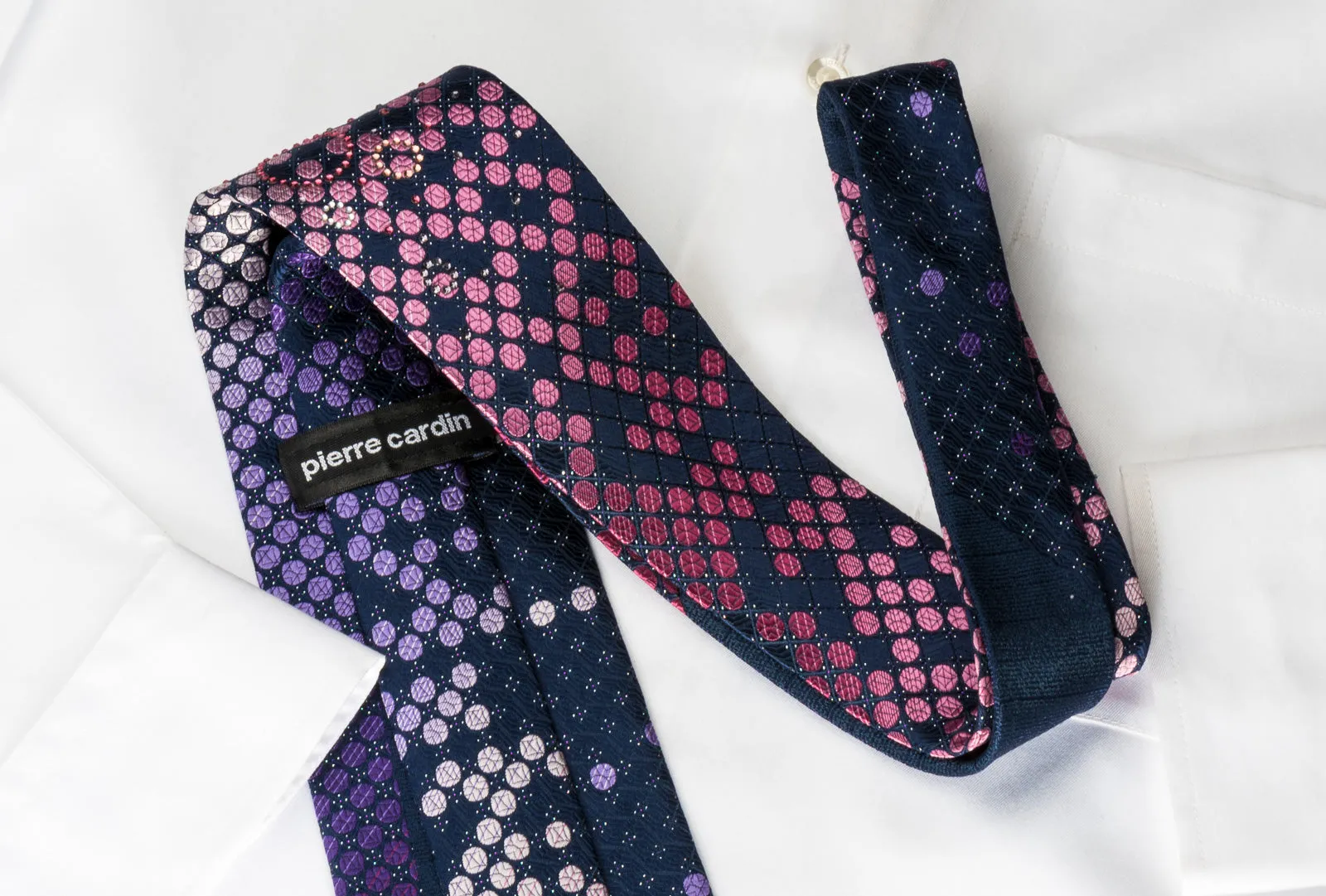 Pierre Cardin Rhinestone Silk Necktie Pink Purple Dots On Blue With Silver Sparkles