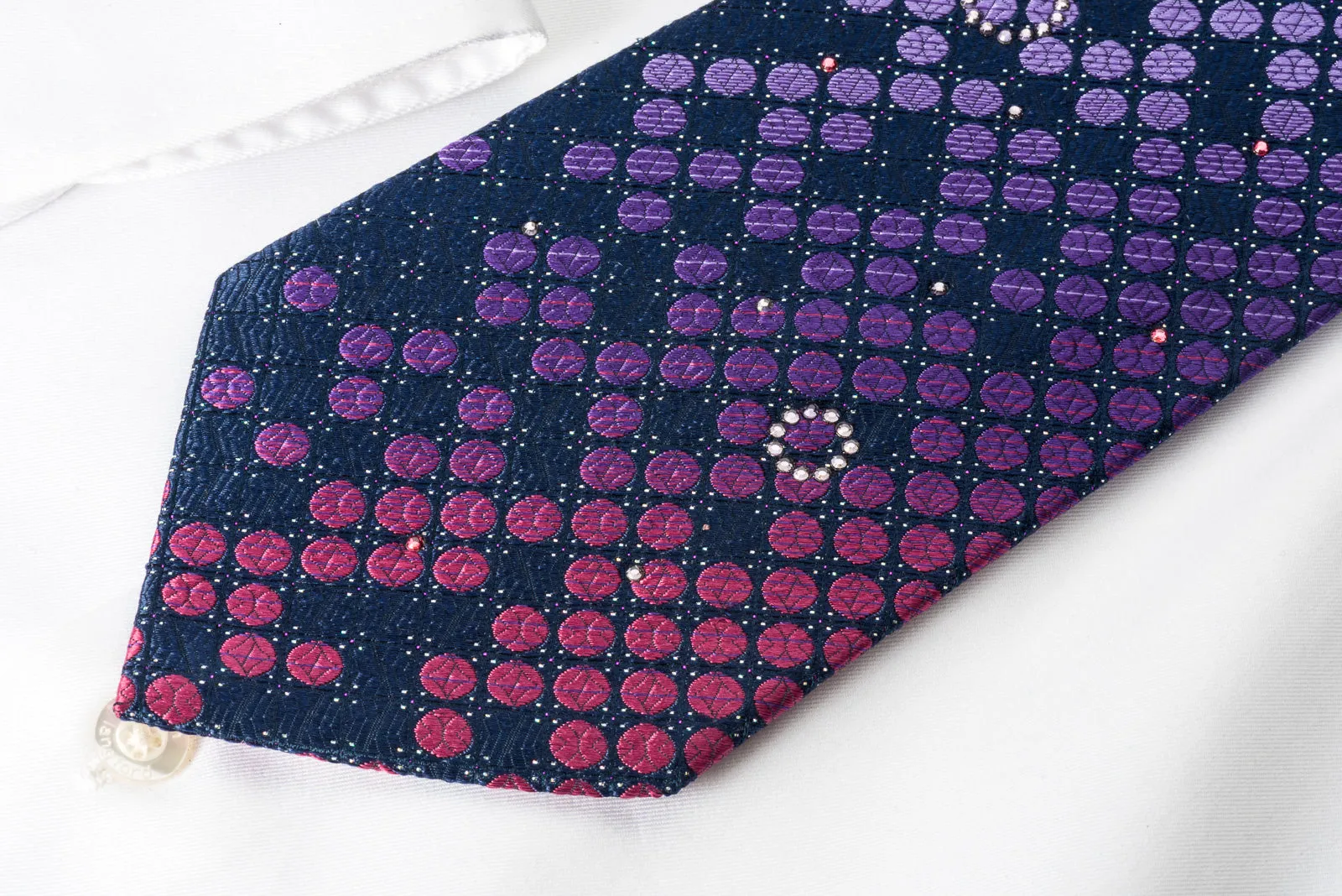 Pierre Cardin Rhinestone Silk Necktie Pink Purple Dots On Blue With Silver Sparkles