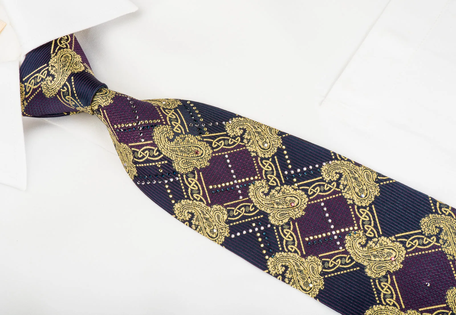 Pierre Cardin Silk Tie Golden Boteh On Purple With Rhinestones & Sparkles