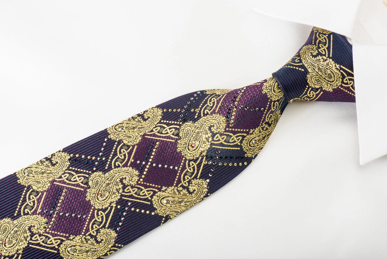 Pierre Cardin Silk Tie Golden Boteh On Purple With Rhinestones & Sparkles